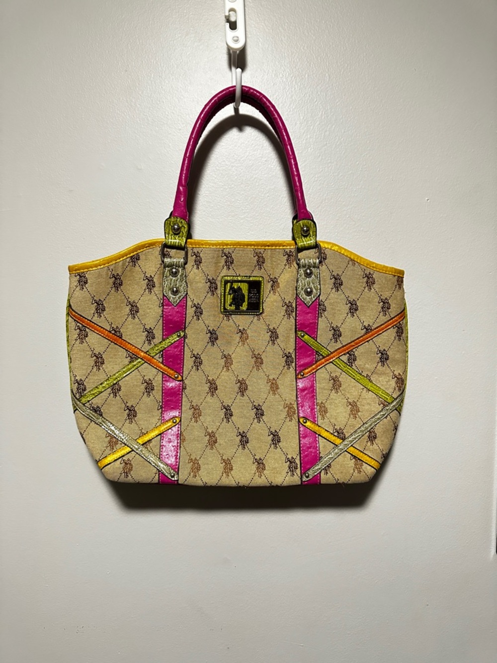 Y2k USPA Beige Tote with Pink, Yellow & Lime Trim